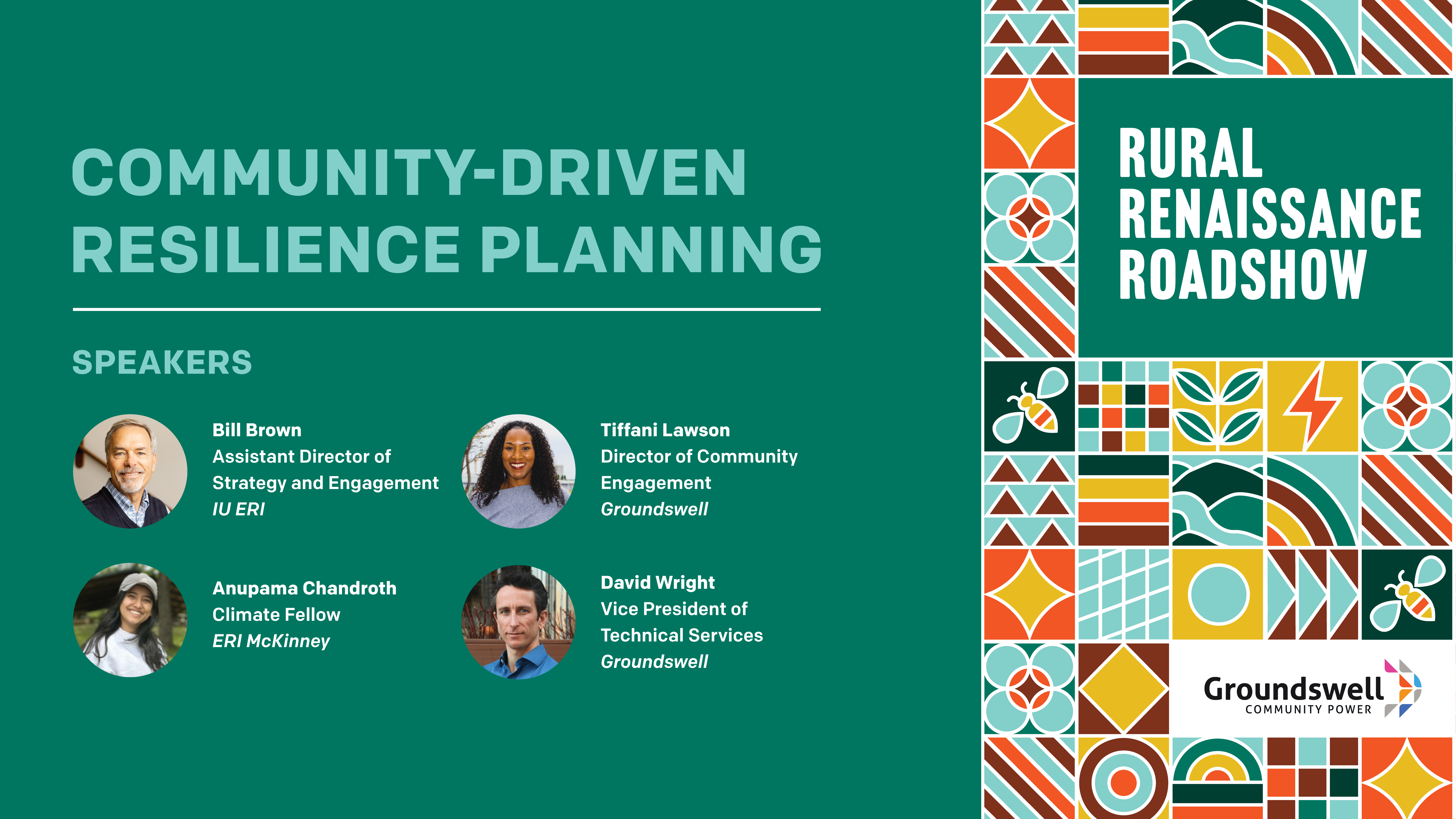 Rural Renaissance Roadshow, Community Driven Resilience Planning, speaker photos and titles