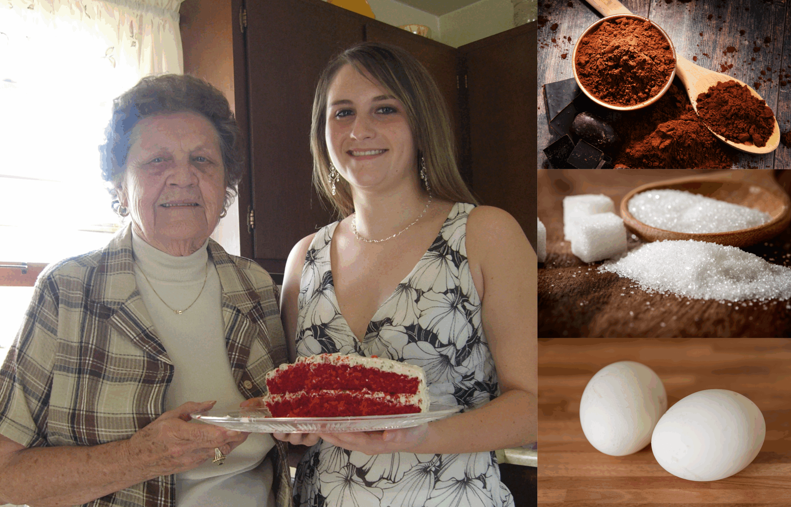 Michelle's Mammaw Knopp and sister holding a red velvet cake beside ingredients